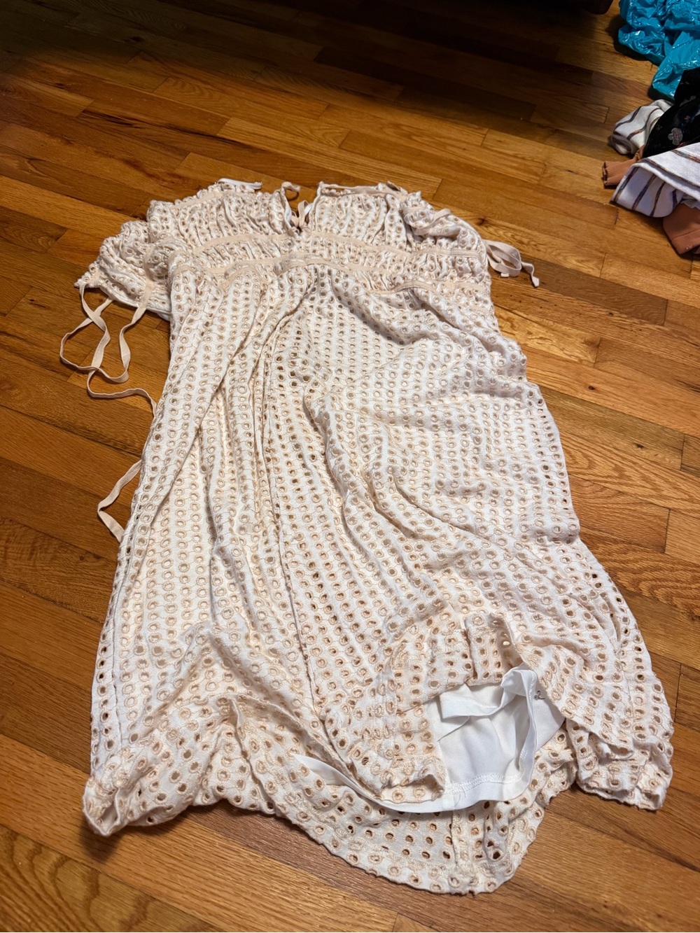 Anthropologie Cream Eyelet Midi Dress with Smocked Bodice